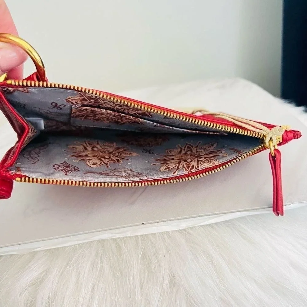 HOBO GO Tour Leather‎ Zip Pouch Bag, Wristlet, with Lanyard, Red/Gold, NWT